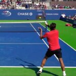 Roger Federer practice match of court level view in slow motion