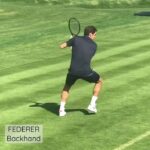 Roger Federer on grass.          One-handed backhand